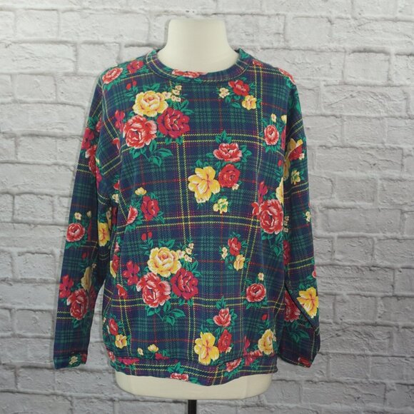 Vintage 90s Rainbow Tartan Plaid Rose Floral Pullover Sweatshirt - Picture 1 of 8